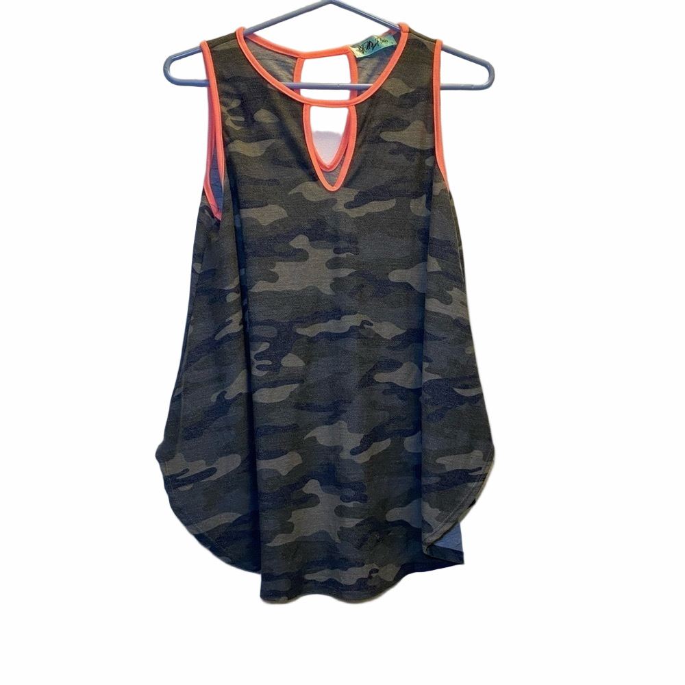 Filly Flair Camo Green & Orange Trim Blouse Size Small